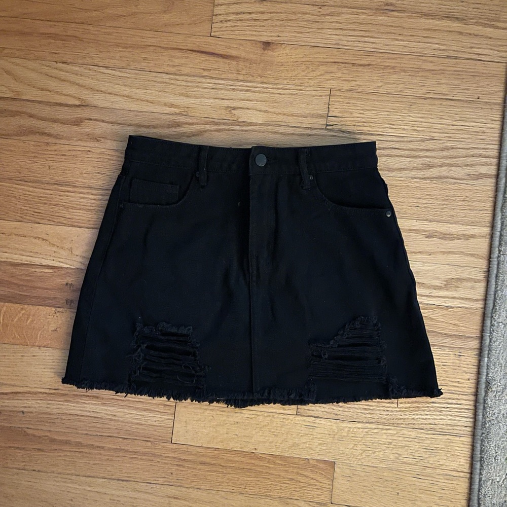 Black denim mini skirt